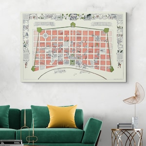 Mapa ilustrado del Barrio Francés de Nueva Orleans, Luisiana. Cartografía estadounidense. Historia. Decoración. Impresión artística.