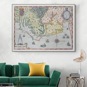 1591 de Bry-kaart van Virginia en Carolina – Roanoke Colony Print, vroege kaartkunst van Amerika, wanddecoratie koloniale geschiedenis