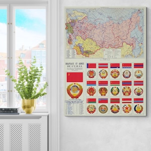 May include: A vintage map of the USSR with a detailed depiction of its territories, complemented by a collection of flags and emblems. The map is in muted tones, and the flags are red and gold. The text "Drapeaux et Armes de l'U.R.S.S." is visible.