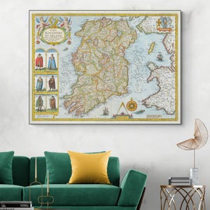 1610 Map of the Kingdom of Ireland by John Speed – Historic Decorative Cartography with Heraldry, Provinces, City Insets, and County Borders
