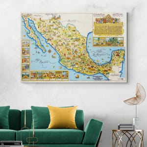 May include: A framed vintage map of Mexico, featuring detailed illustrations of landmarks and cultural scenes. The map is in a colorful, illustrative style, with text in English and Spanish. The map is displayed on a white wall above a green sofa.