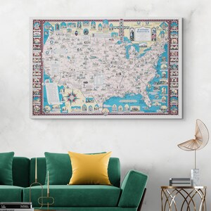 Mappa illustrata della storia cattolica negli Stati Uniti. Storia del cattolicesimo americano. Cristianesimo. Decorazioni religiose. Stampa artistica.