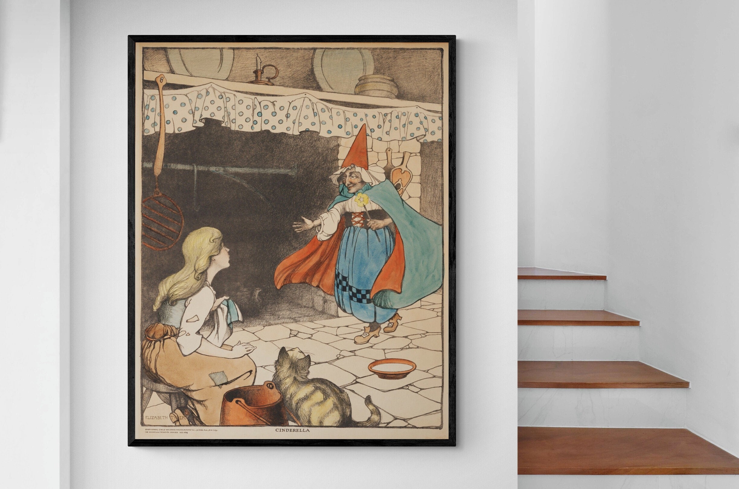 Aschenputtel und ihre gute Fee Märchen Vintage Kinderzimmer Kinderzimmer  Märchenbuch Antike Illustration Fine Art Poster Print