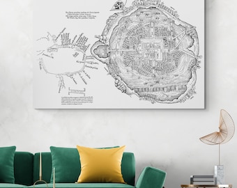 1524 Karte von Hernán Cortés - Spanische Eroberung von Tenochtitlan, Kartographie mit aztekischem Stadtplan, Texcoco-See und früher Kolonialgeschichte