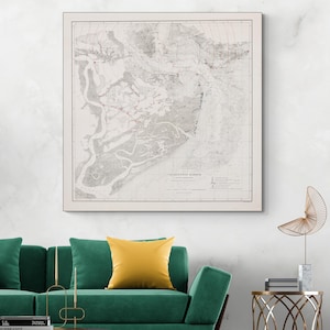 Mapa militar del puerto de Charleston de 1863: mapa detallado de la época de la Guerra Civil que muestra fortificaciones, posiciones defensivas y puntos de acceso naval.