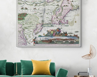 Carte restitutio de New Amsterdam de 1673 - Carte historique de Hugo Allard célébrant la reconquête de Manhattan par les Pays-Bas avec vue anticipée et scène allégorique