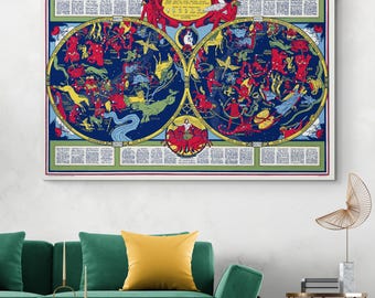 Bildliche Sternenkarte im Art-Deco-Stil von 1930, die Sternbilder, mythologische Figuren und astronomische Zeichen kennzeichnet