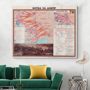 Mapa de la Batalla del Dniéper: plano militar soviético pictórico que muestra el avance del Ejército Rojo en 1943, los cruces del río y las operaciones en el Frente Oriental durante la Segunda Guerra Mundial.