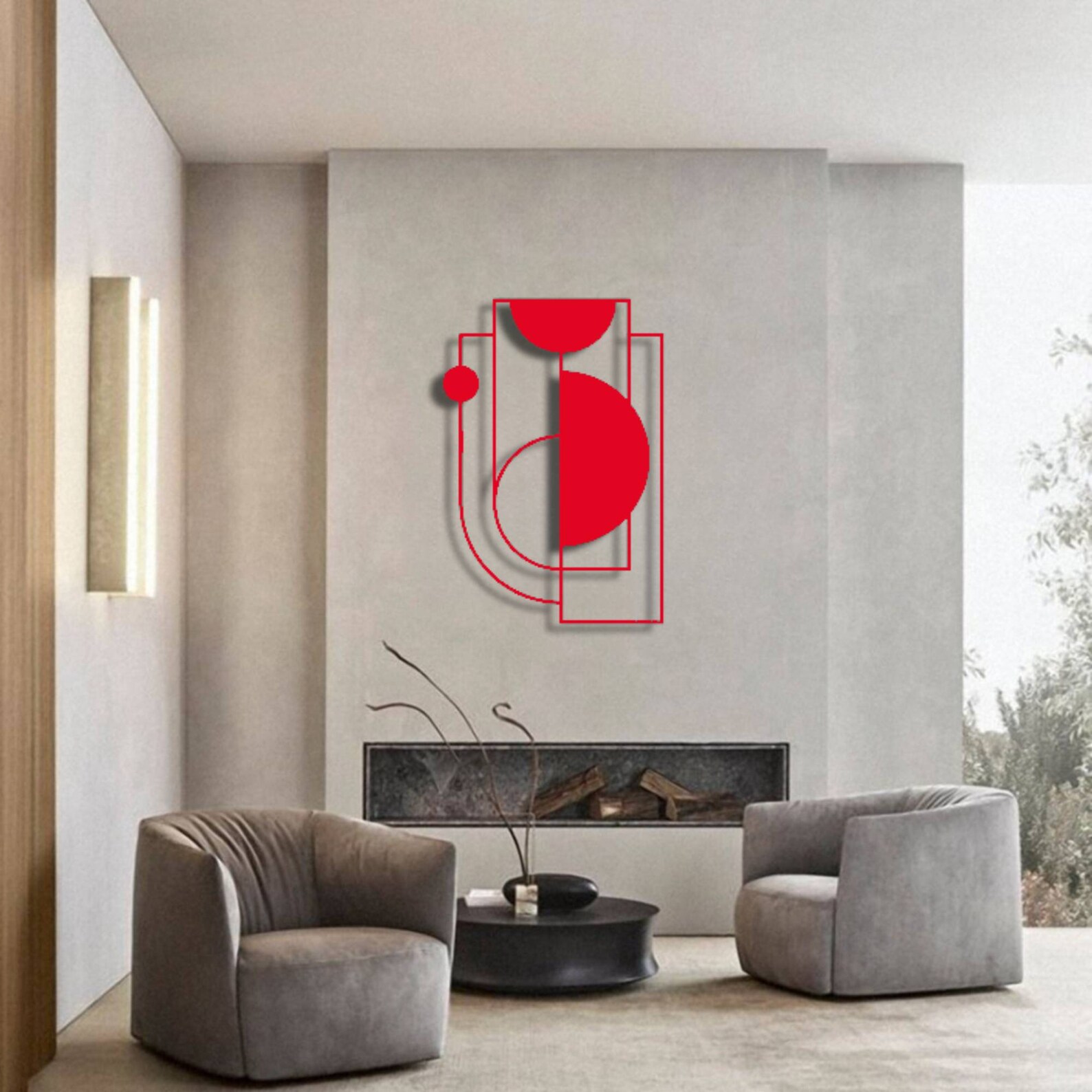Red Abstract Wall Decor, Geometric Metal Wall Hanging, Colorful Metal