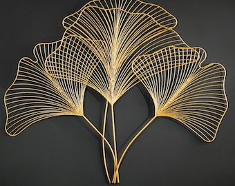 2d metal golden Ginkgo flower wall hanging, golden metal Ginkgo leaves, white metal wall decor, golden Ginkgo flower wall decor,