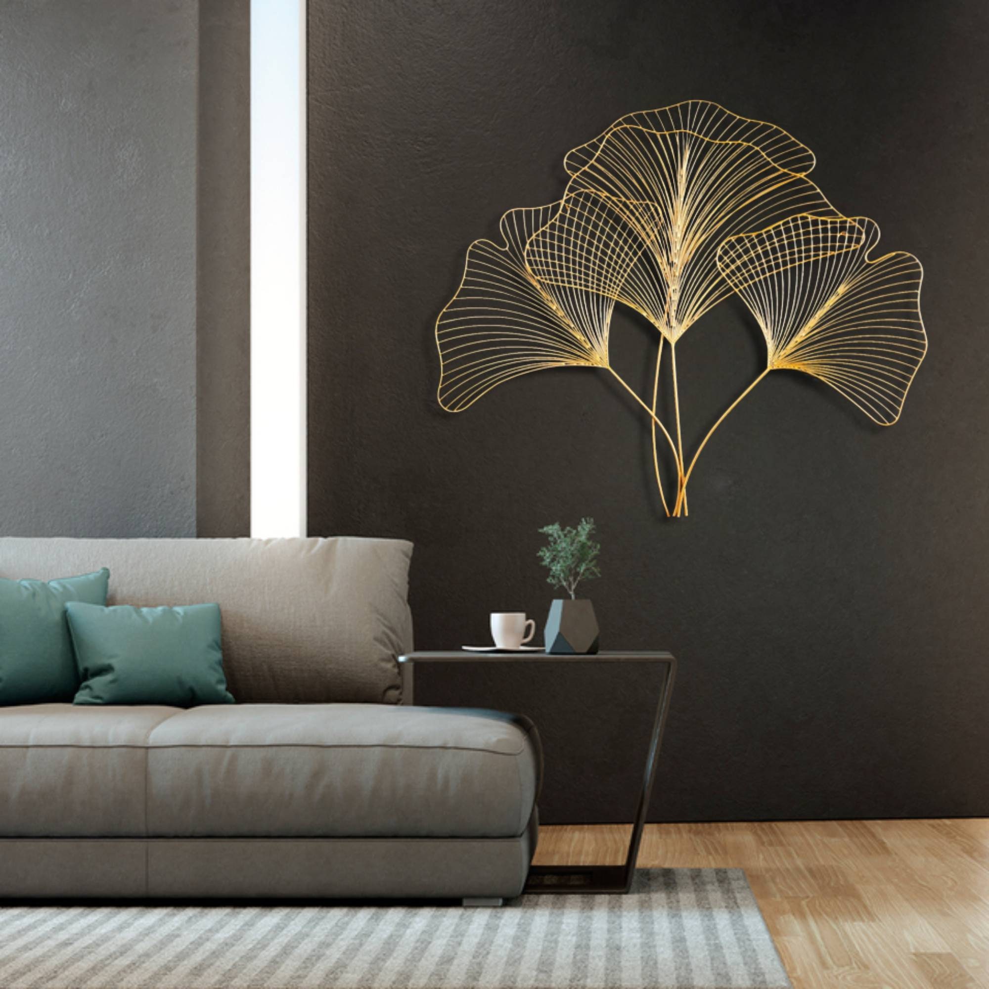 2d Metal Golden Ginkgo Flower Wall Hanging, Golden Metal