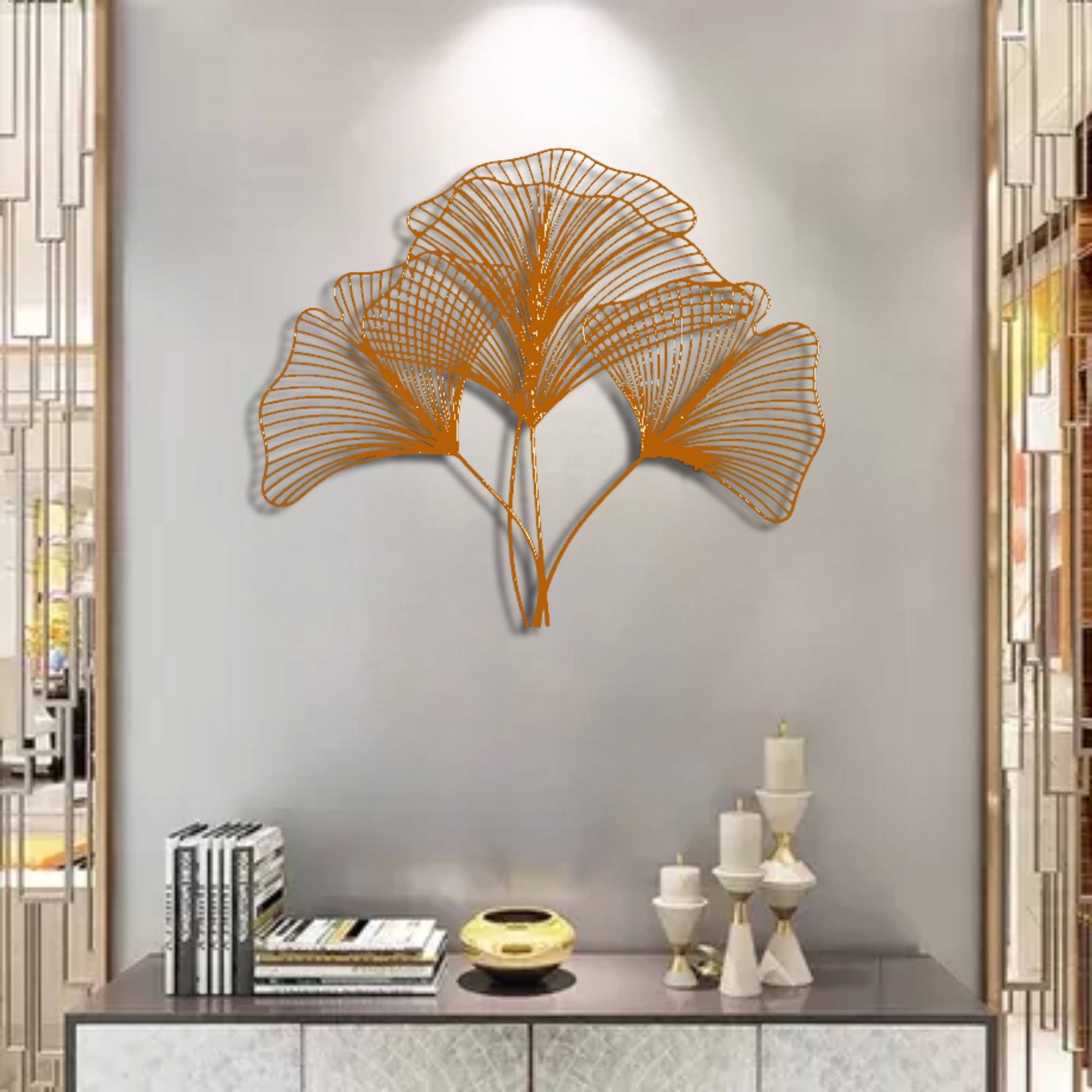 インドネシア　アート2点セット 金色フレーム 2d Metal Golden Ginkgo Flower Wall Hanging, Golden Metal