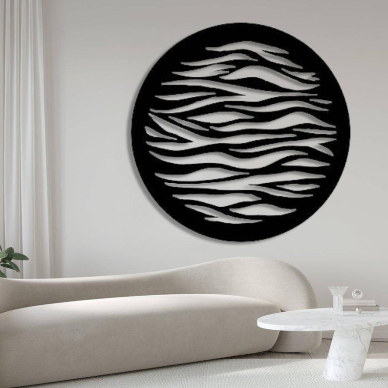 circular metal leopard sign wall art, metal zebra design for wall, geometric metal wall sign, minimalist circular metal wall hanging, image 7