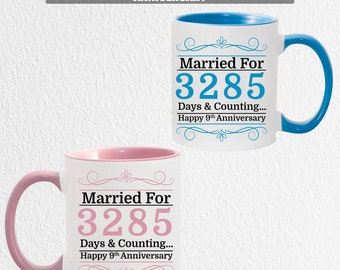 Pair of Mug 9th Anniversary Gift Couple Matching Mug Married for Days & Counting Novelty Gift