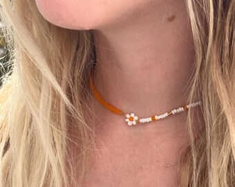 Asymmetrical Daisy Necklace, Orange Glass Seed Beads, Boho Floral Jewelry for Summer