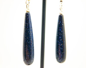 Starry Blue Goldstone Earrings, Long Drop Gemstone Earrings, Sparkly Teardrop earrings, Flecked with silver, Christmas Gifts for Her