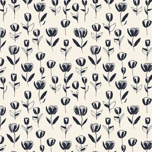 May include: A seamless pattern featuring a repeating design of stylised black flowers on a cream background.