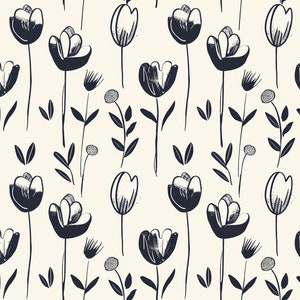 Könnte beinhalten: Ein nahtloses Muster mit stilisierten Illustrationen von Blumen und Blättern in Schwarzweiß auf cremefarbenem Hintergrund.