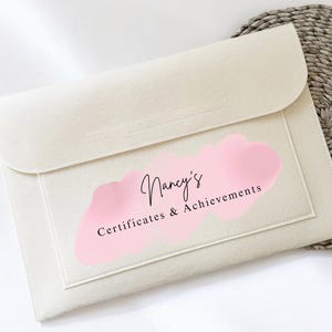 May include: A cream-coloured felt envelope with a flap closure. The front features a pink watercolour-style design with the text "Nancy's Certificates & Achievements" in black script. The envelope is on a woven circular mat.