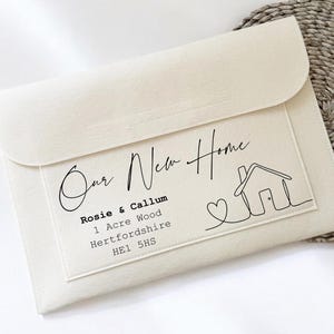 May include: A cream-coloured envelope-style pouch with a flap closure. The front displays the text "Our New Home" in script, a line drawing of a house and heart, and an address. The pouch is on a woven mat.