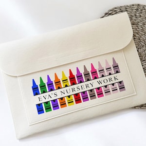 May include: A cream felt envelope with a flap, displaying a crayon design and the text "EVA'S NURSERY WORK". The envelope is set on a woven, circular placemat, with a neutral background.