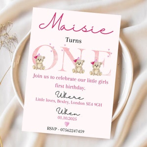 Editable Bear First Birthday Invitation, Bear 1st Birthday Invitation Template,Pink Bear 1st Birthday Girl Invite, Instant Download, Digital