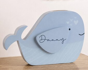 Personalised Engraved Whale Money Box – Wooden Kids Savings Bank