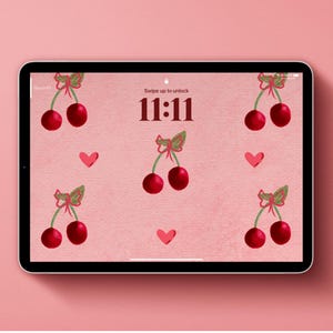 Cherry and heart print digital wallpaper art - Valentine’s Day - iPad wallpaper - Laptop wallpaper - Cherry theme - Electronic wallpaper