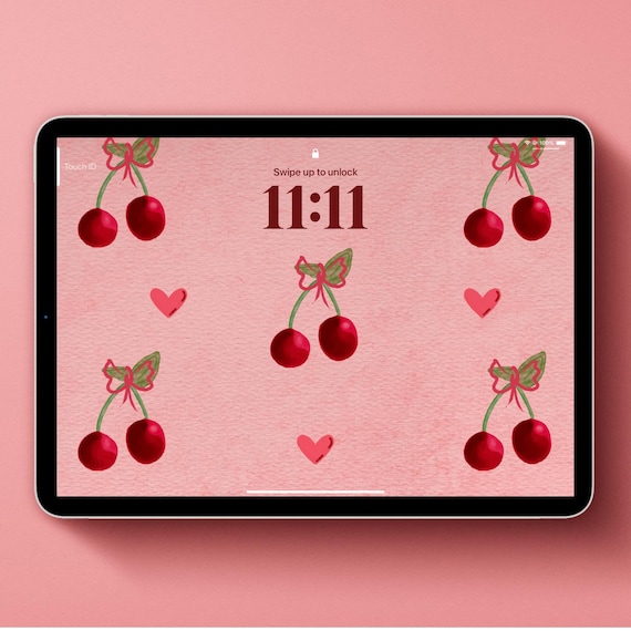 Cherry and heart print digital wallpaper art - Valentine’s Day - iPad wallpaper - Laptop wallpaper - Cherry theme - Electronic wallpaper