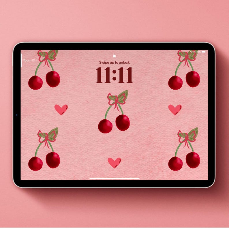Carta da parati digitale con stampa di ciliegie e cuori - San Valentino - Sfondo per iPad - Sfondo per laptop - Tema ciliegie - Sfondo elettronico immagine 1