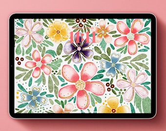 Carta da parati digitale con stampa floreale ad acquerello - San Valentino - Sfondo per iPad - Sfondo retrò - Tema glitterato - Sfondo elettronico