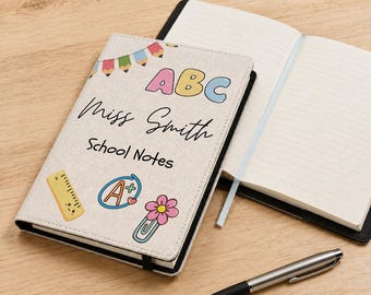 Personalised Teacher A5 Notebook - Custom Name Gift - Removable Cover - Apple & Globe Design