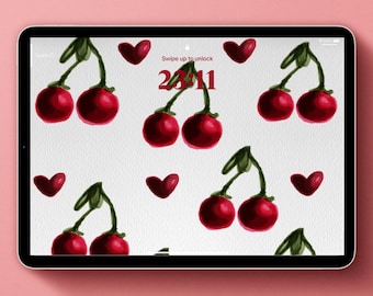Carta da parati digitale con stampa di ciliegie e cuori - San Valentino - Sfondo per iPad - Sfondo per laptop - Tema ciliegie - Sfondo elettronico