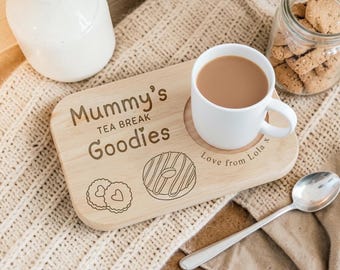 Personalised Wooden Tea and Biscuit Board, Engraved Coffee Tray, Gift for Mum Dad Grandparents, Donut, Sweet Treats