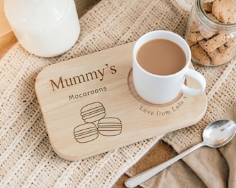 Personalised Wooden Tea and Biscuit Board, Engraved Coffee Tray, Gift for Mum Dad Grandparents, Macaroons, Macarons