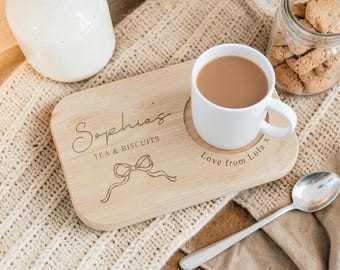 Personalised Wooden Tea and Biscuit Board, Engraved Coffee Tray, Gift for Mum Dad Grandparents