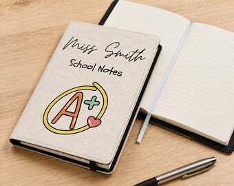 Personalised Teacher A5 Notebook - Custom Name Gift - Removable Cover - Apple & Globe Design