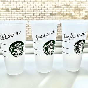 May include: Three white reusable coffee cups with black lids. Each cup has a black Starbucks logo with a green mermaid and a name written in black cursive: Chloe, Jenna, and Sophie.