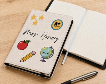 Personalised Teacher A5 Notebook - Custom Name Gift - Removable Cover - Apple & Globe Design