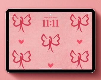 Bow and heart print digital wallpaper art - Valentine’s Day - iPad wallpaper - Laptop wallpaper - Coquette bow theme - Electronic wallpaper