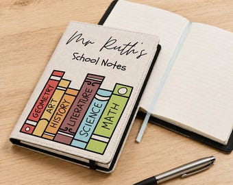 Personalised Teacher A5 Notebook - Custom Name Gift - Removable Cover - Apple & Globe Design