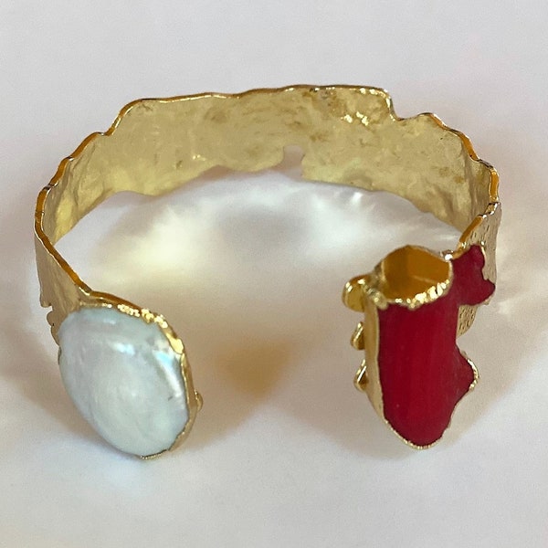 18k Gold Plated Hammered Turkish Chic Vintage Styled Flexible Red Coral and Pearl Bangle; Cuff Bracelet with an Eastern Flair for Women