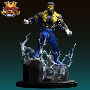 May include: A 3D-printed figurine of a superhero in a dynamic pose. The figure wears a blue and black suit with yellow lightning bolt accents. The base is a rocky structure with icy blue lightning effects. The logo "LEGION MINIATURES 3D PRINTING DESIGNS" is visible.