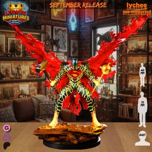 May include: A 3D printed figurine of a dark armored character with a red Superman emblem on the chest, holding a hammer and a mace. The figure features large, flowing red energy wings and stands on a rocky base. Text includes Legion Miniatures.