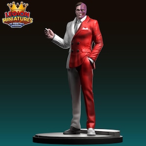 May include: A detailed figurine of the DC Comics character Two-Face, split down the middle with one side in a white suit and the other in a red suit. The figure is standing on a round base and holding a small object. The logo "LEGION MINIATURES 3D PRINTING DESIGNS" is in the upper left corner.