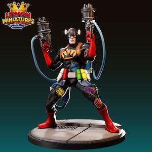 May include: A detailed figurine of a superhero in a black suit with red gloves and boots, holding two futuristic guns. The figure has a crown emblem and colorful patches. The base is gray, and the logo "Legion Miniatures 3D Printing Designs" is visible.