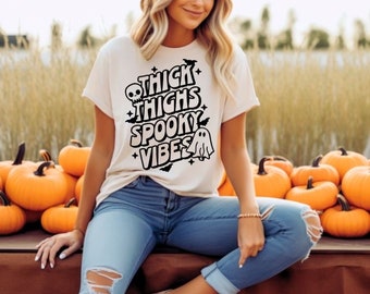 Thick Thighs And Spooky Vibes - Mom Halloween Shirt- Witch Halloween Shirt- Spooky Season Shirt- Witch Vibes- Spooky Vibes Shirt
