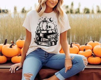 Skull Halloween Shirt- Bookish Halloween Shirt- Book Halloween Shirt- Spooky Season Shirt- Bookish Vibes- Spooky Vibes Shirt- Pumpkin Season