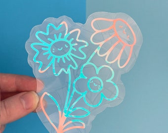 Attrape-soleil Happy Flowers // Sticker attrape-soleil, sticker fenêtre, fabricant d'arcs-en-ciel, autocollant fenêtre arc-en-ciel, art de fenêtre, autocollant plante