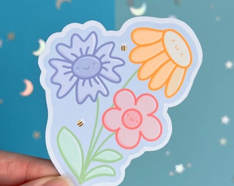 Happy Flowers Single Sticker, Flower Sticker, Die Cut Sticker, Nature Stickers, Adorable Sticker, Glossy Sticker, Digital Illustration